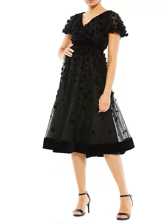 NEW, Mac Duggal Floral Applique Cocktail Midi Dress in Black Size 6 #MD988