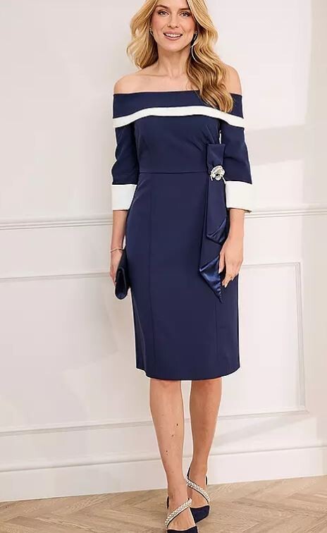 blue and white bardot dress KALEIDOSCOPE Navy Shift UK 12 (FM89-1) winter out A-Line Puff Sleeves Satin Size:35 X 36 up date night where