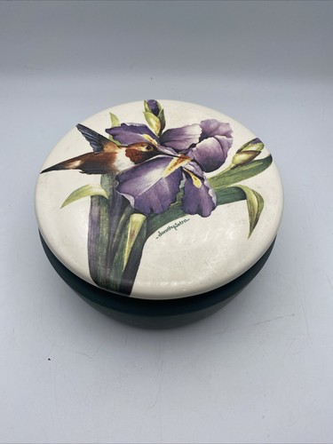 Large Ceramic Dorothy Pierrot Hummingbird And Purple Iris Container With Lid