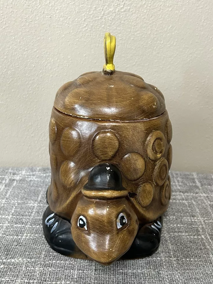 Tarro de galletas tortuga vintage EE. UU. cerámica cocina almacenamiento años 70 mariposa sombrero tortuga Foto 2 de 4