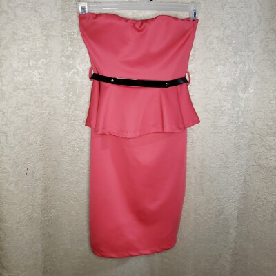 Womens Size Small Pink Strapless Peplum Dress Black Belt NO