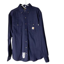 Carhartt Shirt Mens Medium FR Flame Resistant Button Up Navy Blue Long Sleeve