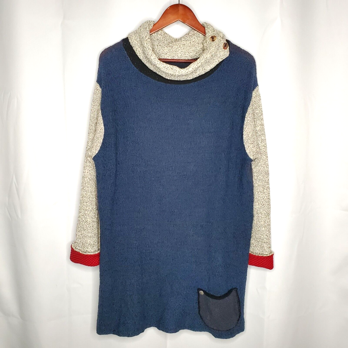 Margaret Winters Cotton Sweater L Lagenlook Art To Wear Color Block Blue  Gray