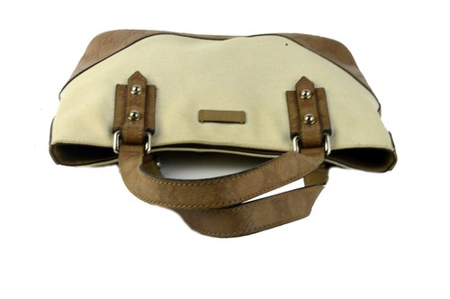 GUCCI Brown Leather & Beige Canvas Tote Handbag Purse Vintage Women's Good Italy - Picture 7 of 12