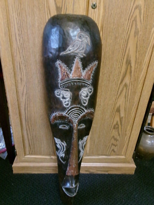 Vintage 36'' African Tribal Wall Art Mask Handcrafted Carved Wood Copper Overlay