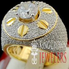 Mens Yellow Gold Sterling Silver Lab Diamond 3D Pave Big XL Engagement Ring Band
