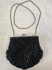 Gorgeous Vintage 1960s Magid Black Beaded Small Shell Shape Purse