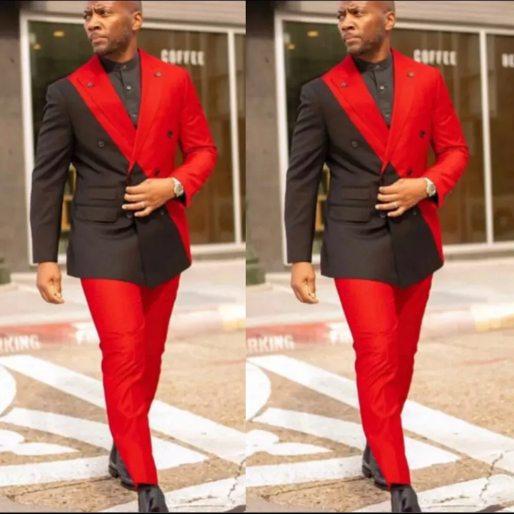 Black Red Patchwork Men Suits Double Breasted Groom Wedding Prom Tuxedos  Custom