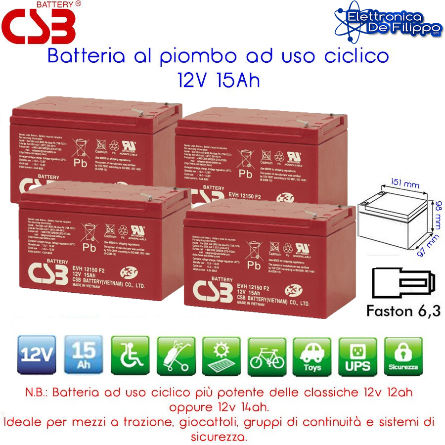 BATTERIA AL PIOMBO 48V 15Ah RICARICABILE PER BICI ELETTRICA 4pz x 12V BC1428-00