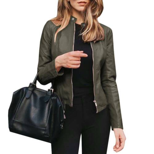 Women's Leather Biker Jacket Slim Fit Zip Up Blazer Coat Outwear Ladies ...