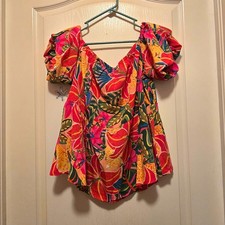 Women s S Multicolor Tropical Floral Off-Shoulder Ruffle Puff Sleeve Blouse