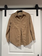 Beige Corduroy Button-Up Shirt Collared Long Sleeve Solid Casual