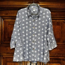 John Mark Shirt Womens L Polka Dot 100% Linen Fringe Hem Tunic Lagenlook