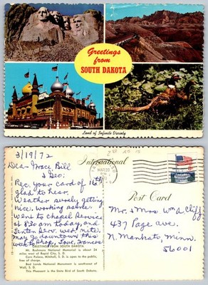 1972 South Dakota Multi-View Postcard Mount Rushmore Badlands Corn Palace