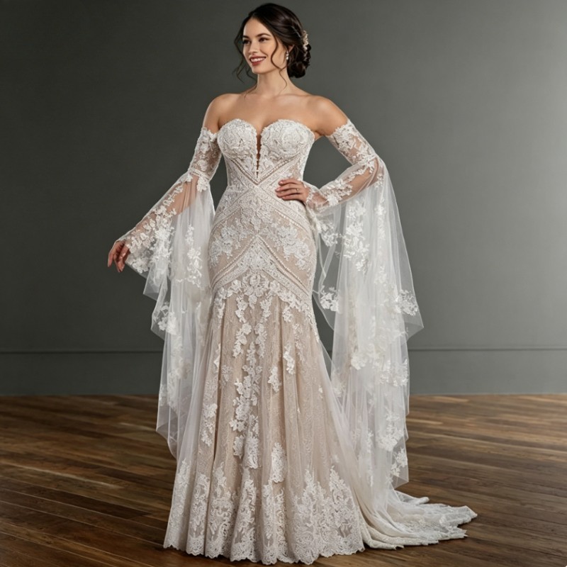 bohemian wedding dress with bell sleeves Boho Backless Mermaid Dresses Detachable Lace Applique Gown Anne Dress- Blue – Ready to Ship Dresses Rozmiar:L/XL illusion top