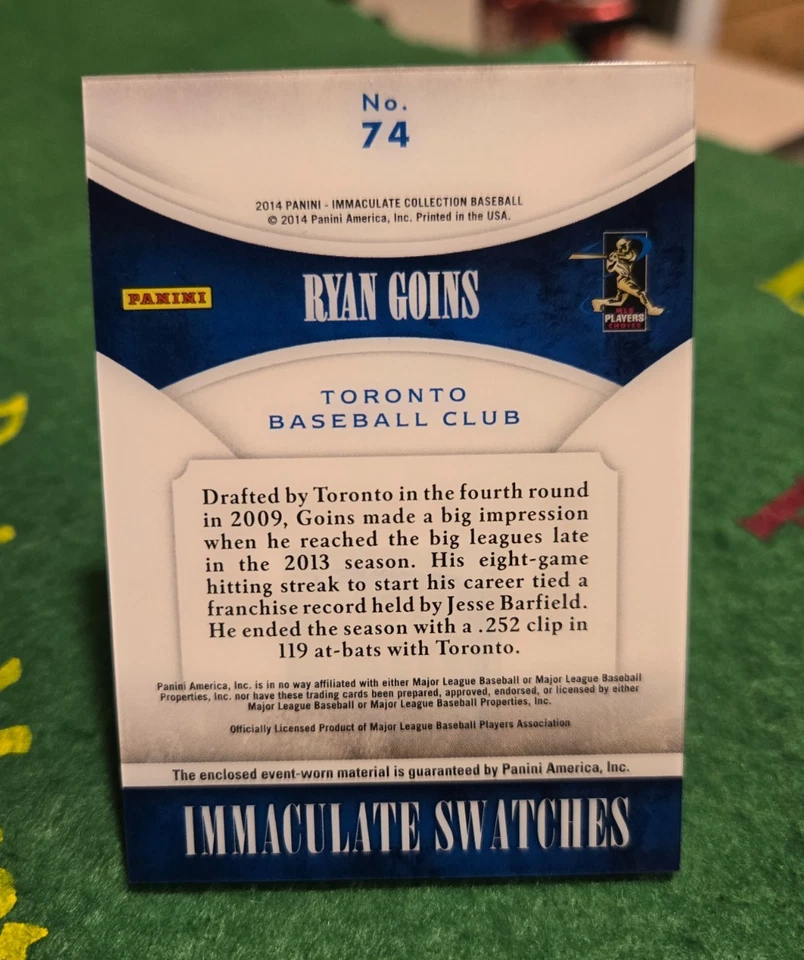 2014 panini immaculate baseball ryan goins patch /99 rc card #74 - Image 2 of 2