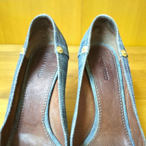Miu Miu Blue Denim Wedge Peep-Toe Heels with Brown Leather Bows - EU 37 JAPAN - Picture 17 of 24