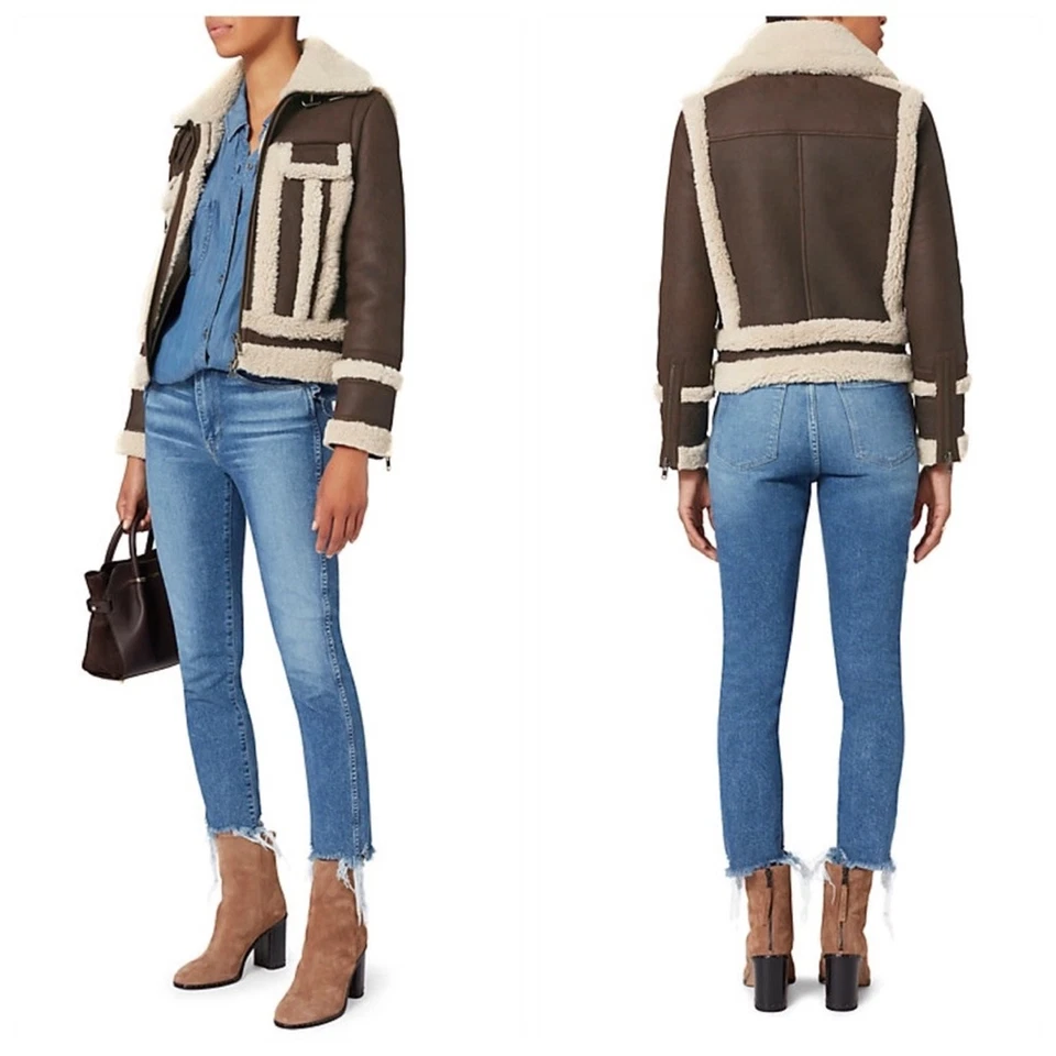 Chaqueta de cuero de oveja Intermix Megan (talla S) aviador bombardero marrón crema Foto 2 de 4