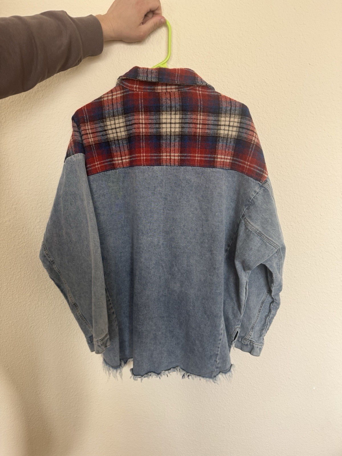 Plaid Flannel Denim Patchwork Button-Up Shirt Red… - image 2