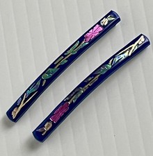 Vintage Set-2 ABALONE Gold-flake INLAY Hair BARRETTES Clips France Floral 2.5  