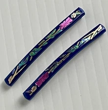 Vintage Set-2 ABALONE Gold-flake INLAY Hair BARRETTES Clips France Floral 2.5”