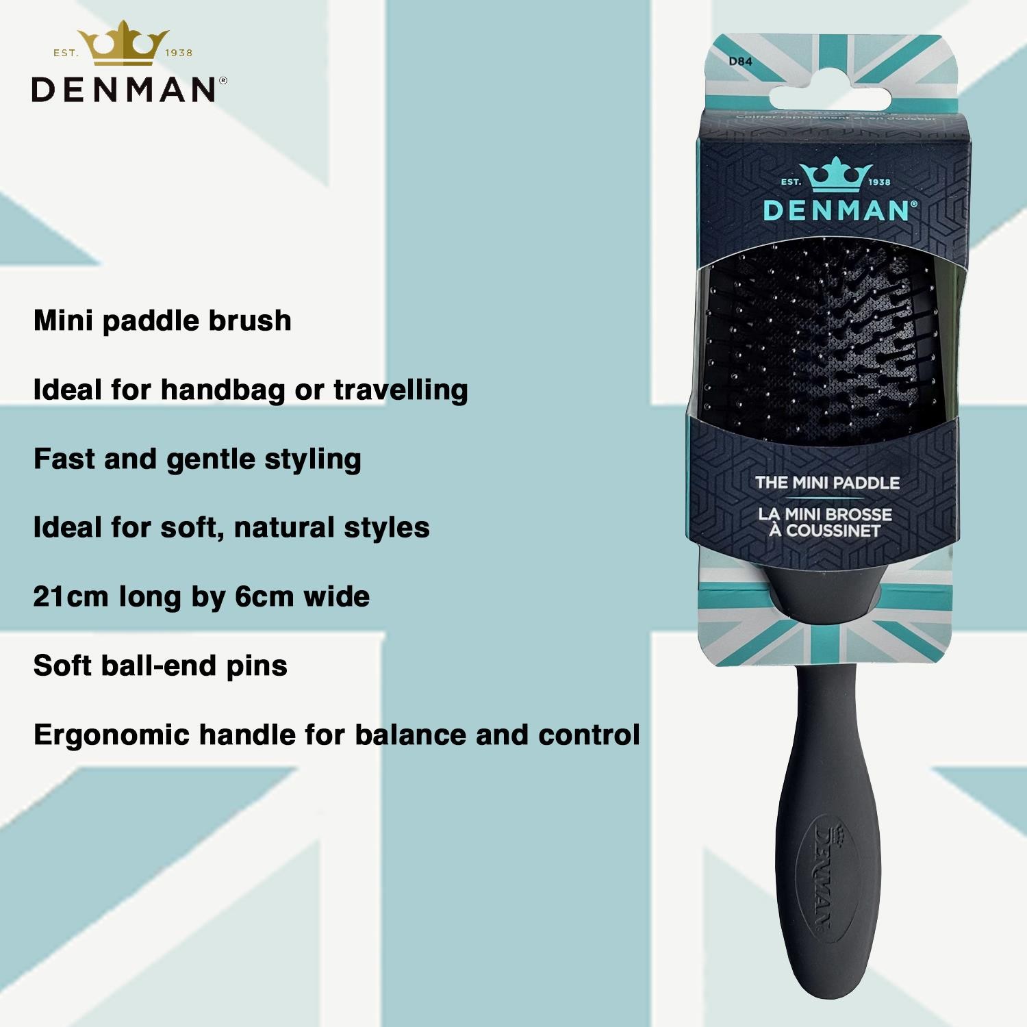 Denman D84 Black Mini Paddle Hair Brush - ideal for travelling