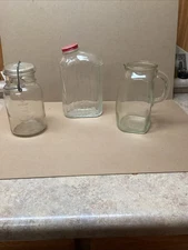 3 Vintage Kitchen Glassware Pieces Anchor Hocking Jar Milk Bottle Glasco Pitcher