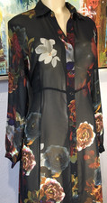 Vtg Sheer Floral Black Long Nightgown Robe L
