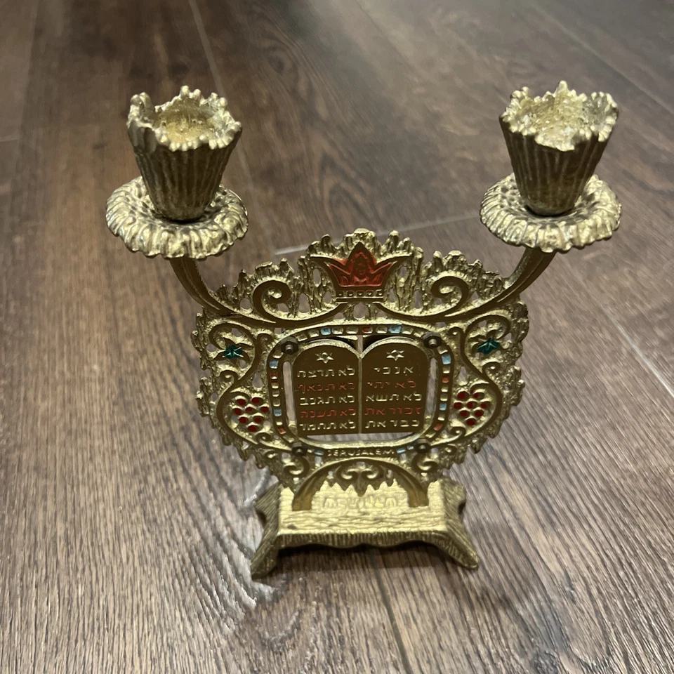 Wainberg Brass Shabbat Candle Holder With 10 Commandments - Made In Israel - Image 4 of 4