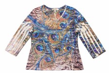 Jess & Jane Womens Top S Peacock Rhinestone Bling Sparkly Shirt Bird Feathers