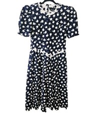 VTG 80's Cottagecore Cotton Navy Floral Dress Pockets Shoulder Pads USA- 7/8 M