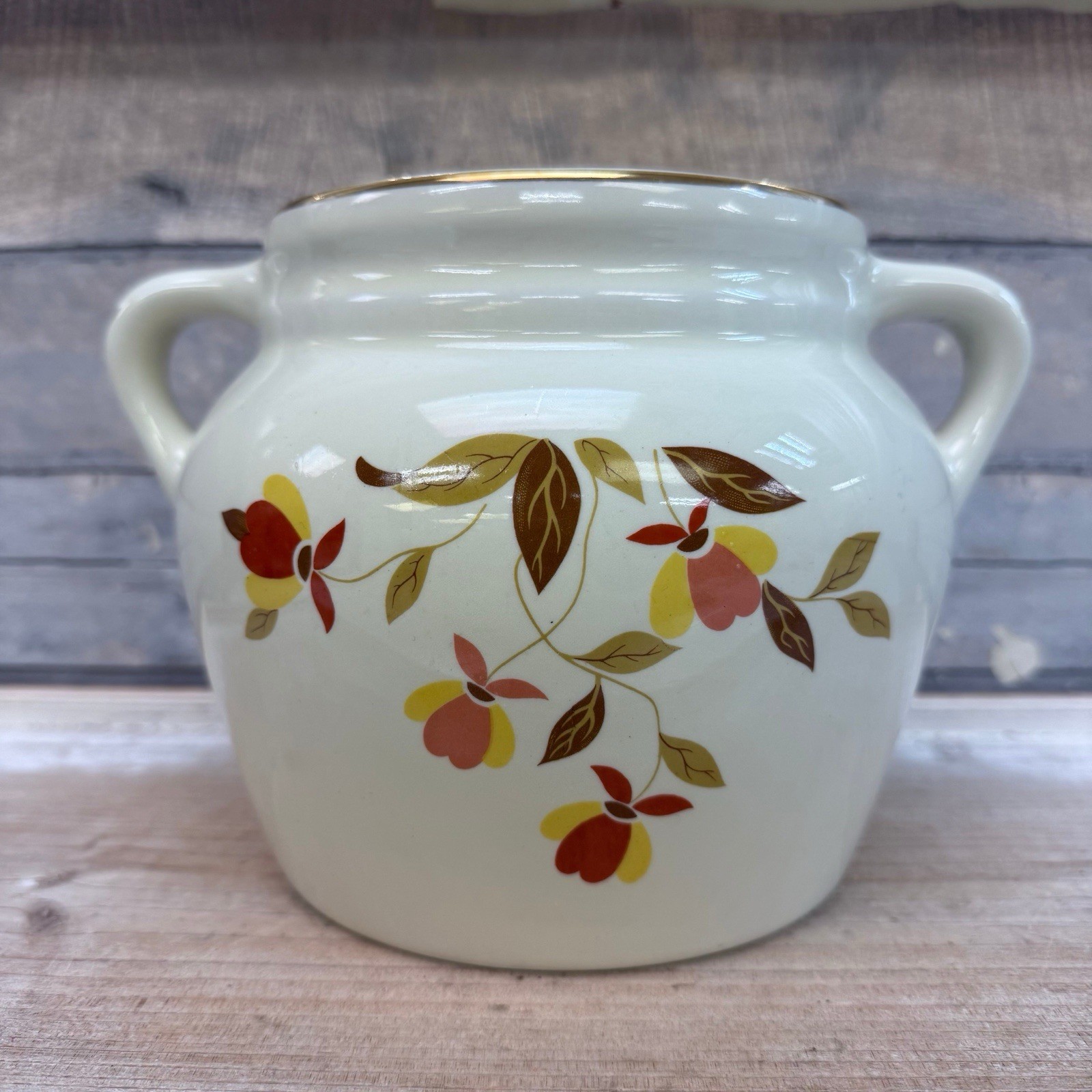 Hall Autumn Leaf Bean Pot Gilded Ceramic Vintage 1950s Serve Ware MCM Dish