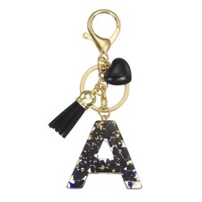 Alphabet Initial Letter Keychain Cute Charm with Tassel Heart Letter A, Black