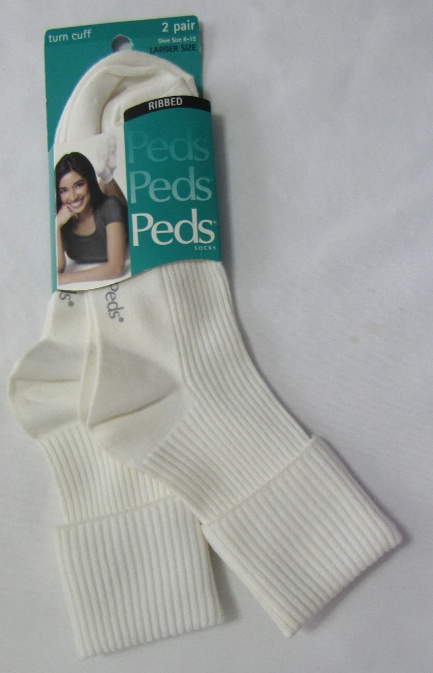 NWT VINTAGE WOMEN PED'S RIBBED TURN CUFF WHITE SOCKS 8 - 12 #0684AL 2 PAIRS