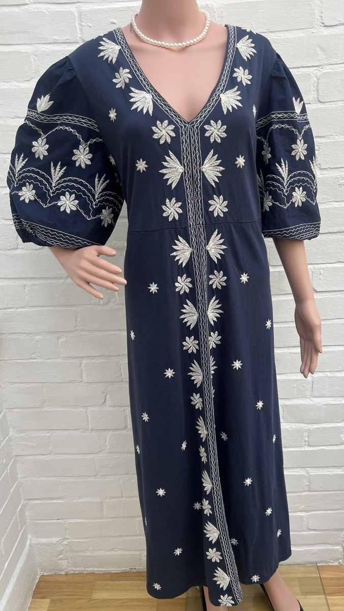 New Monsoon Emma Jersey Dress XL Blue Embroidered Midi Aline | eBay UK
