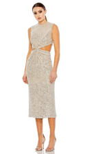 Mac Duggal High Neckline Sequin Cutout Nude Midi Dress Size 2 Sheath Fitted NWT