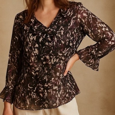 Peek & Peck Collection Blouse Medium Black Purple Sheer Ruffle Career