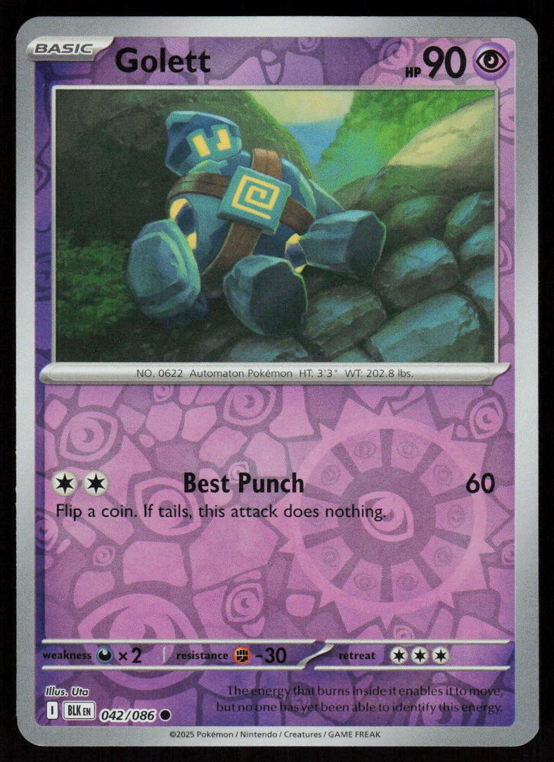 Golett 042/086 Common Black Bolt Pokemon Reverse Holo Near Mint