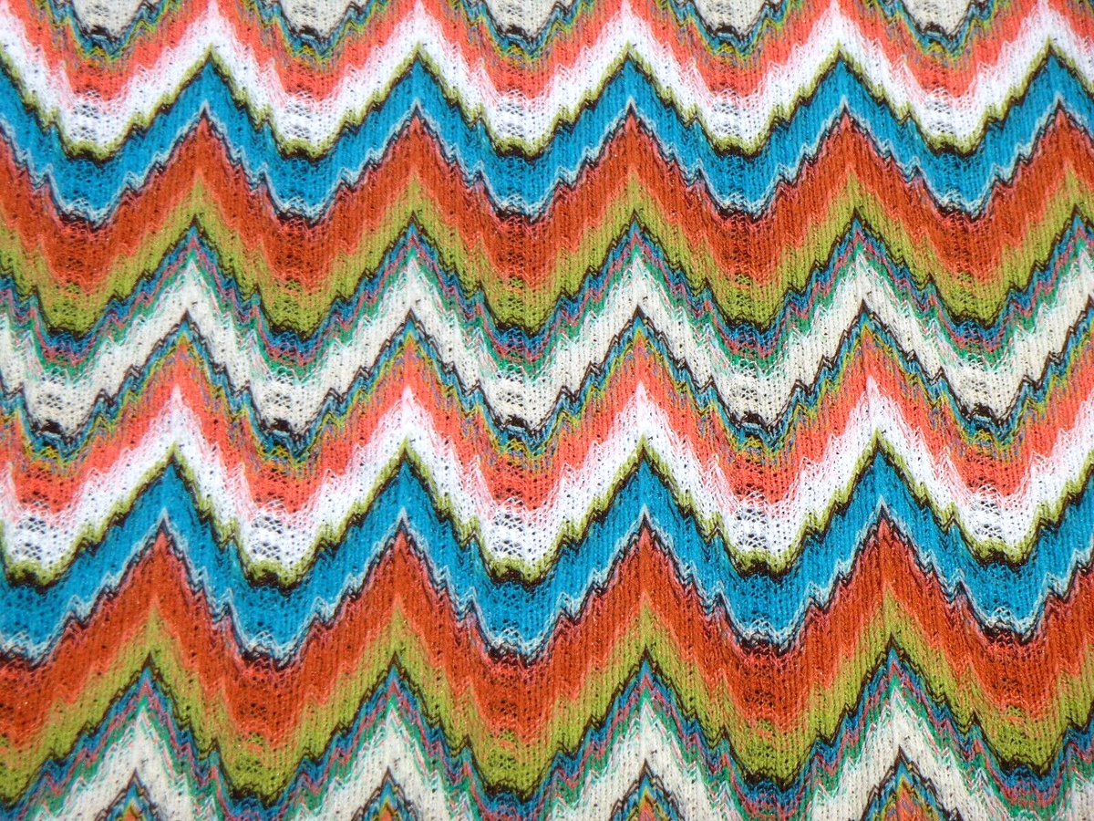 Vtg Knit Flamestitch Fabric Chevron Orange Turquoise Green 56