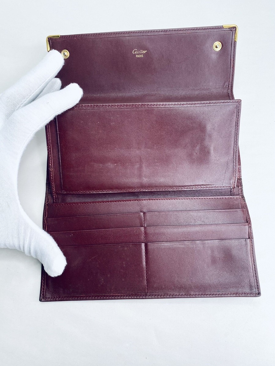 Cartier バーガンディレザー長財布 Cartier Paris Red Burgundy Brass Leather Trifold Clutch Long