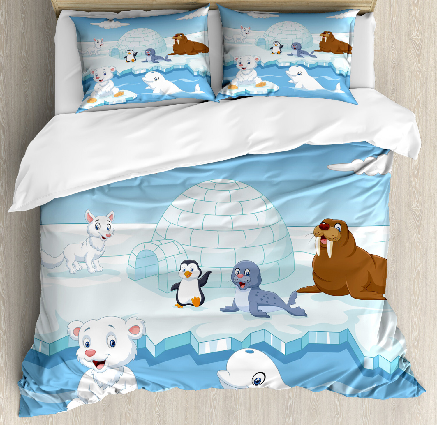 White Duvet Cover Set with Pillow Shams Polar Bears Seal Penguins Print-image