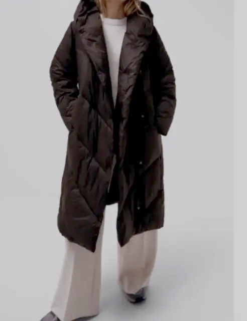 NEW Zara Long Puffer Coat Water Repellent Hooded Womens Size Medium Brown