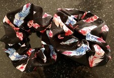Hair Scrunchies - Blue  Red Feathers all over Print - Handmade