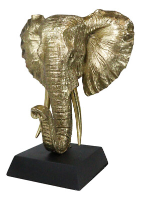 Large 18''H Gold Patina Safari African Bush Elephant Sculpture On Museum Base