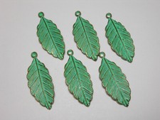 Green Patina Metal Alloy Leaf Charms Pendants Verdigris 6 pieces 32mm x 12mm