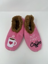 Snoozies Pink BUT FIRST COFFEE Soft Slippers Shoes Women's Size Medium 8 NWT
