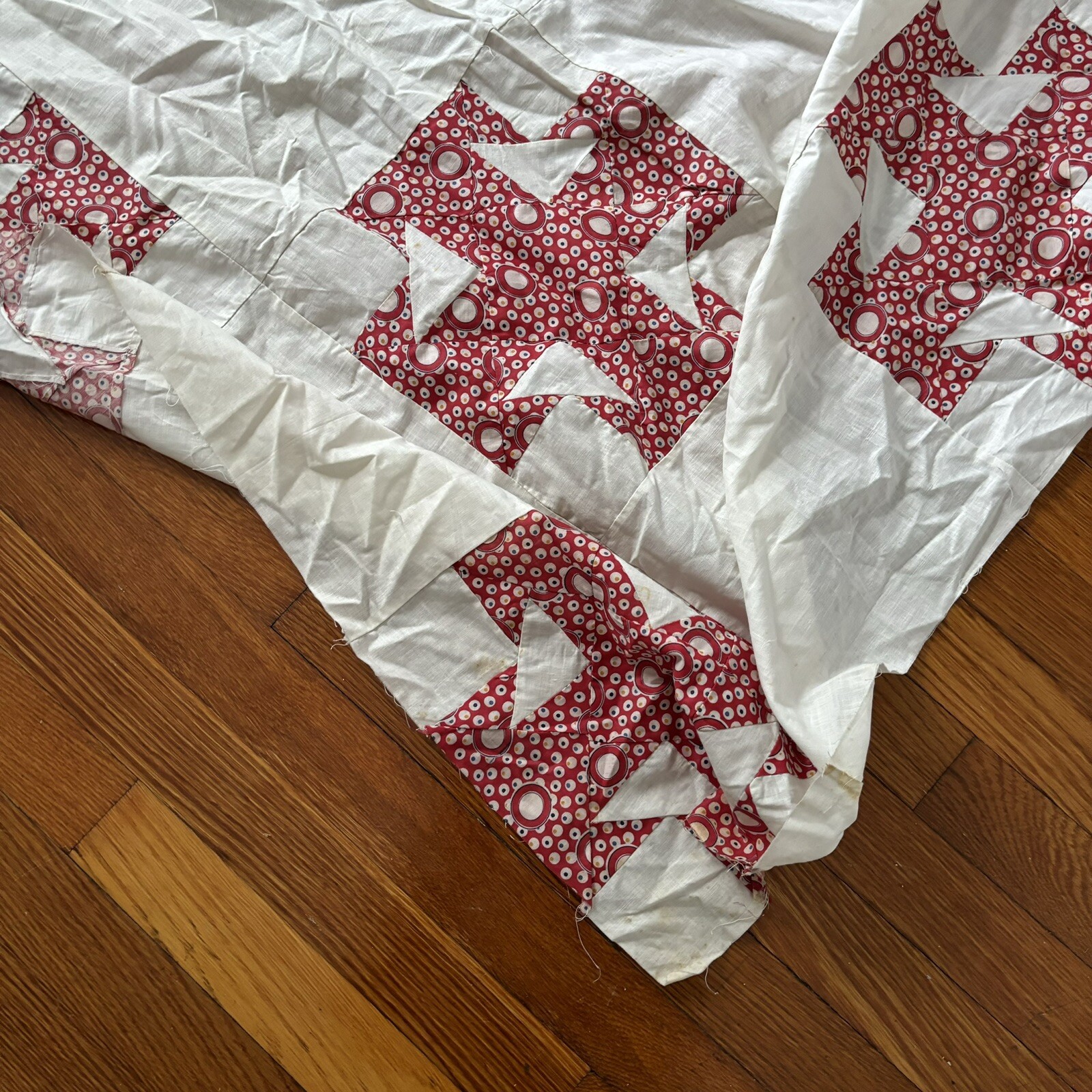 Vintage Red And White Quilt Top As Is Worn Flaws Yellowing 40s 50s Cute