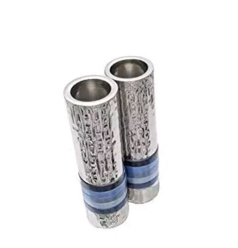 Yair Hammered Nickel Candlestick Holders with Blue Rings For Shabbat or Yom New - Picture 11 of 13