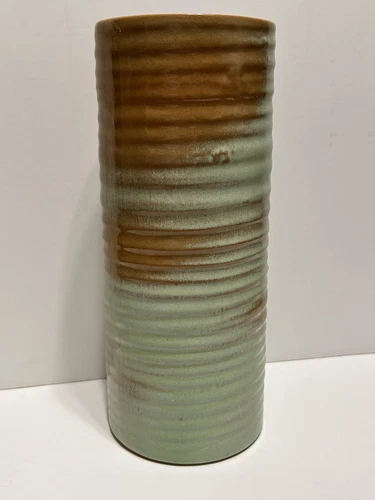 Vintage Frankoma Vase Art Pottery 72 Green Brown Ring Cylinder Pot Planter 10"