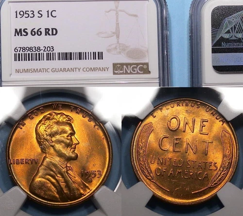 1953-S LINCOLN WHEAT CENT NGC MS 66 RD #619-56